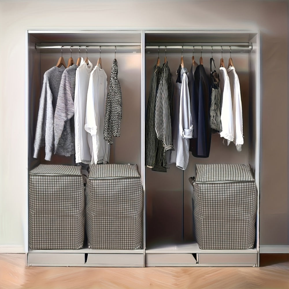 Four-Piece Houndstooth Fabric Storage Box Set with Handles, Double Zippers and Black-and-White Pattern