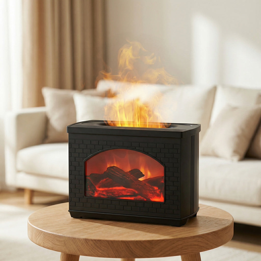 Brick Fireplace Ultrasonic Humidifying Essential Oil Diffuser – Realistic Fire Effect, Smart Auto Shut-Off