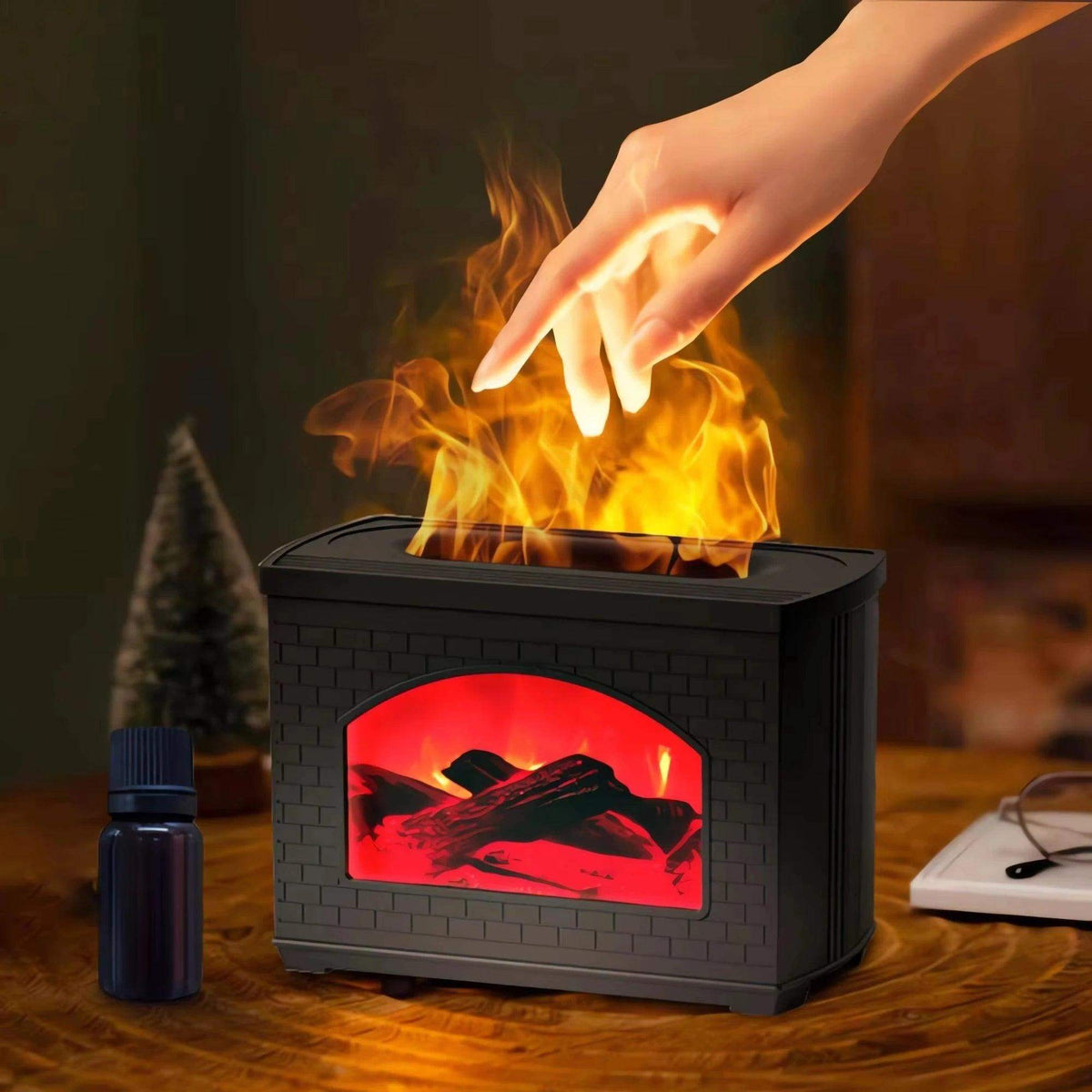 Brick Fireplace Ultrasonic Humidifying Essential Oil Diffuser – Realistic Fire Effect, Smart Auto Shut-Off